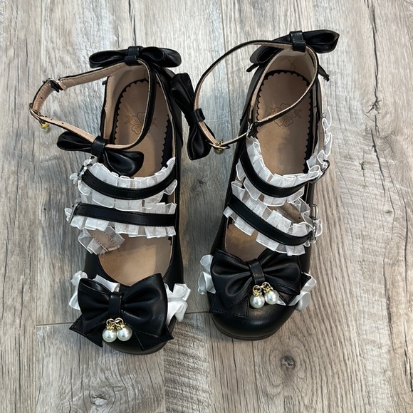 Oxfords Bow Beaded Buckle Sweet Lolita Girl Chunky Heel Round Toe Mary Jane - Picture 6 of 9